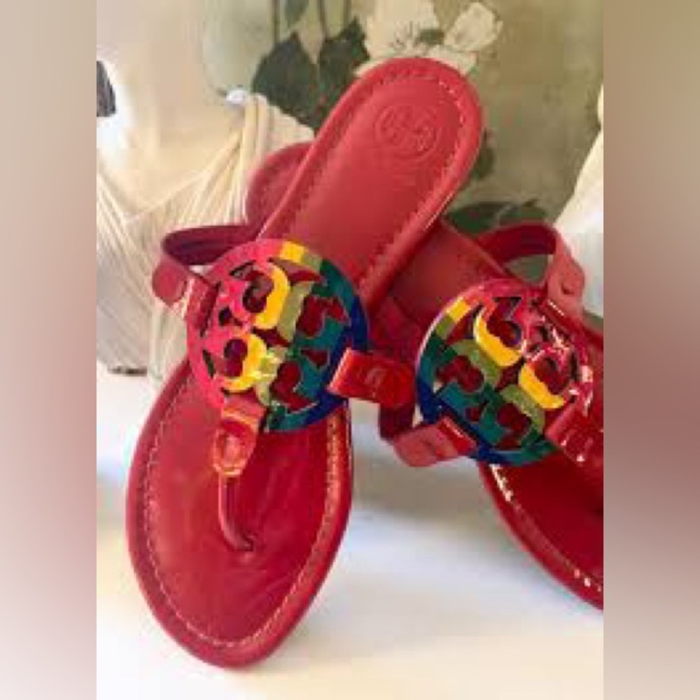 Tory Burch Miller Sandals Rainbow Logo Ruby Red Size 7.5 Limited Edition - Picture 2 of 8